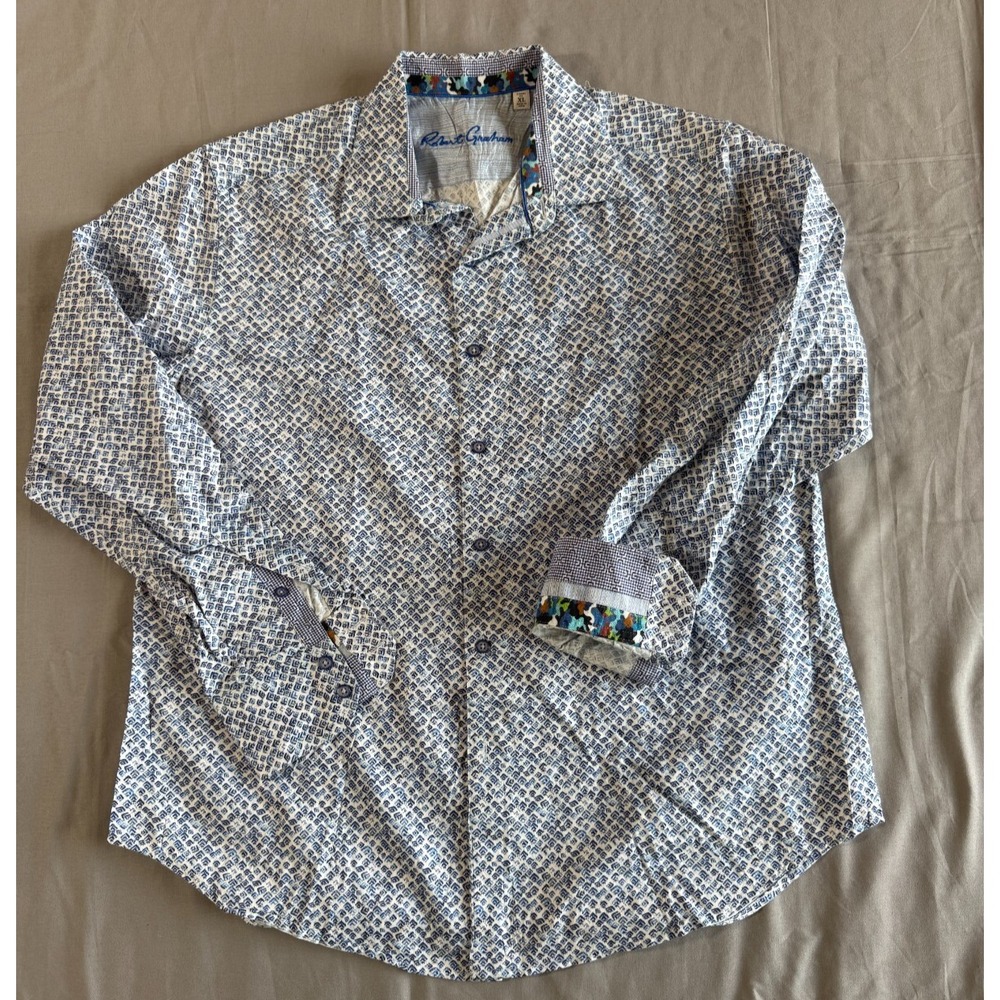 ROBERT GRAHAM Shirt Mens XL Blue Abstract Button Up Flip Cuff